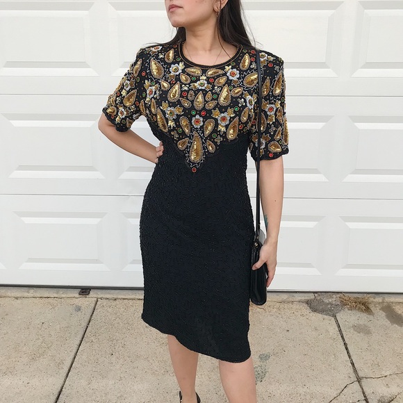 Vintage Beaded Silk Cocktail Dress - Picture 3 of 6